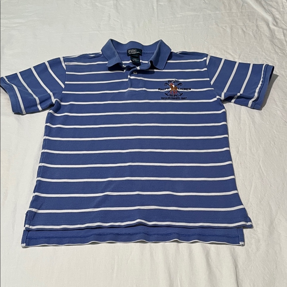 Ralph Lauren Blue and White Striped Polo Shirt Boys Size Medium (12-14)